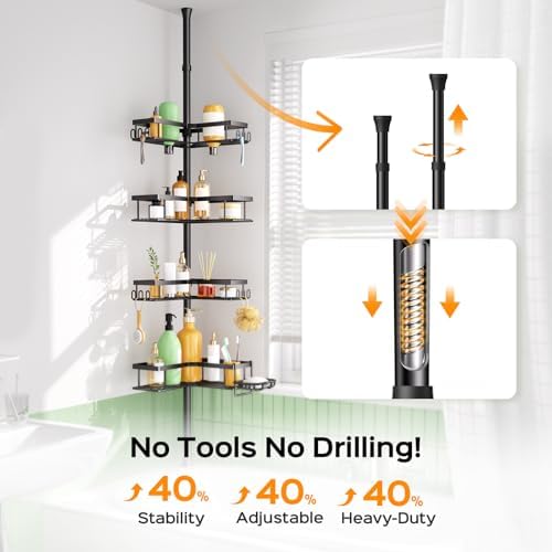HAMITOR Shower Caddy - 4-Tier Rustproof Bathroom Organizer with Soap Holder & Hooks | Adjustable Tension Pole 47-123 Inch - Black