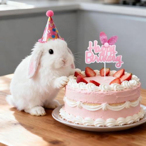 Happy Birthday Cake Topper with Bunny Ears - Pink Glitter Decoration