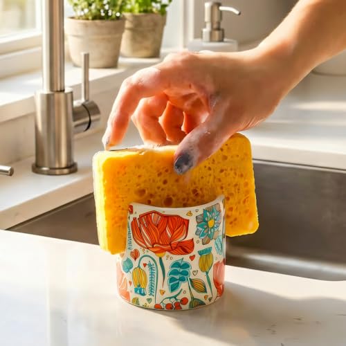 YOSCO Cute Ceramic Kitchen Sink Sponge Holder - Floral Design