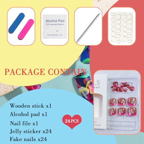 KAICCOSO Red Floral Short Square Press on Toenails, 24Pcs Cute Summer Stick-On Toe Nails with Glue