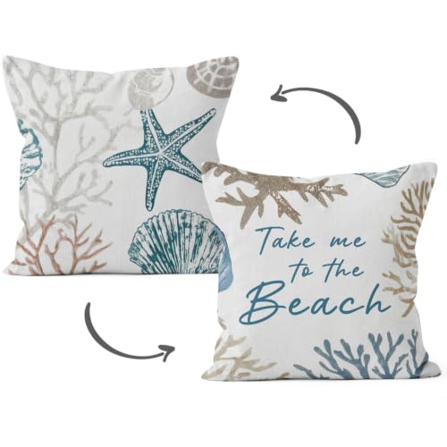 Coastal Beach Starfish & Seashell Throw Pillow Cover 18x18, Beach B Design