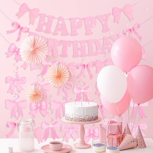 3PCS Pink Birthday Banner Set with 21 Bow Hanging Swirls