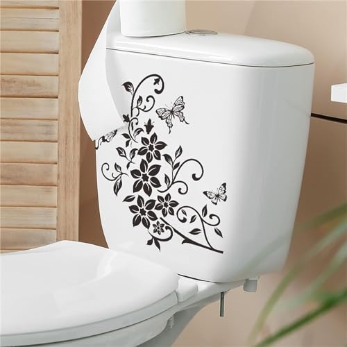 Elegant Black Butterfly Floral Toilet Seat Lid Decal - Removable PVC Sticker