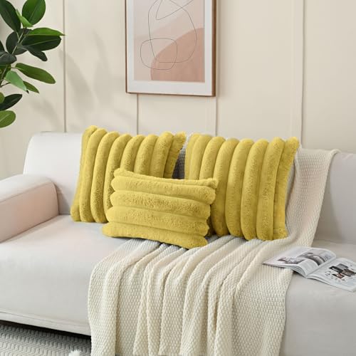 FUTEI Faux Rabbit Fur Throw Pillow Covers - 18x18 in, Mustard Yellow (Pack of 2)