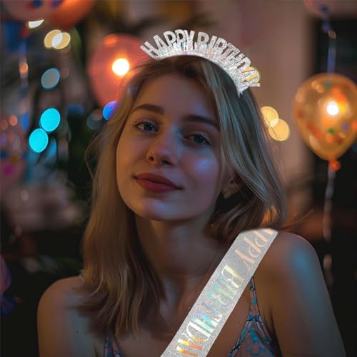 Silver Birthday Headband and Sash Set for Women and Girls