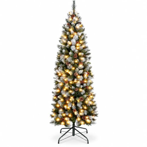 6ft Pre-Lit Slim Artificial Christmas Tree with 250 LED Lights Frosted Tips Pinecones - Green & White, 595 Tips