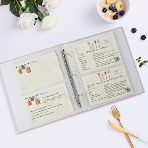 Meolsia Recipe Binder Kit, 7.9x9.4in 3-Ring Cookbook with 60 Sleeves & Cards