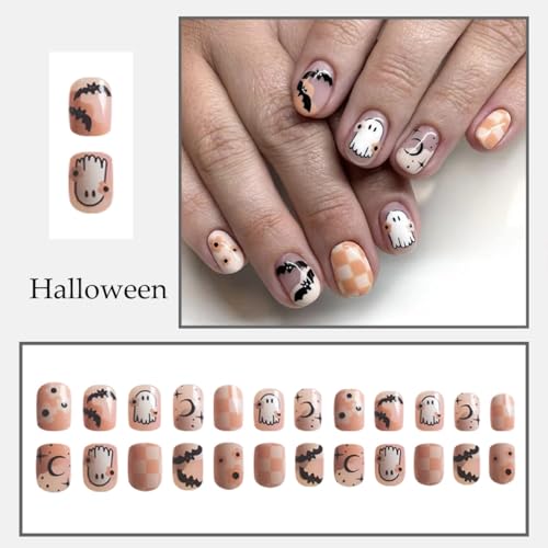 Halloween Press on Nails Short Square False Nails Ghost Bat Acrylic Kit