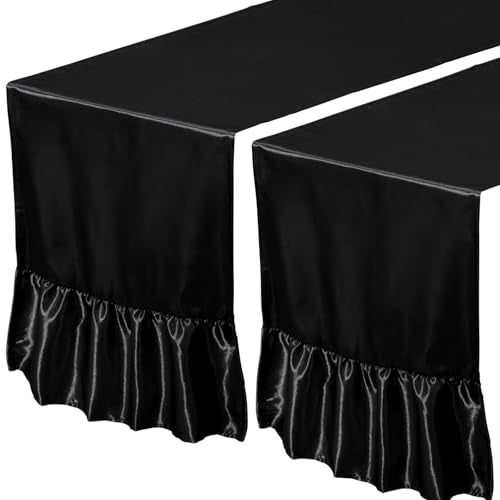 Black Satin Table Runner 2 Pack, 12x108 Inch Ruffle Design