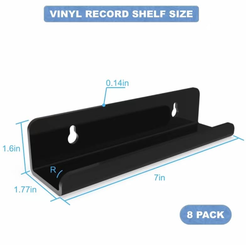WPESI Black Vinyl Record Wall Mount Shelf 8-Pack - 7 Inch Acrylic Display Racks