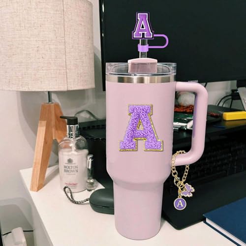 9pcs Cup Accessories Set, Butterfly Straw Cover Cap for Stanley Cup 30oz/40oz,Sticker for Stanley Decorations,Initial Letter Charm Personalized Spill-Proof Silicone Stoppers (Purple A)