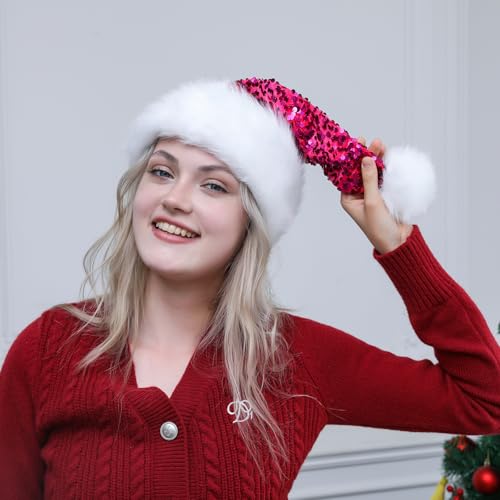 Pink Sequin Santa Hat for Adults - Glitter Christmas Party Headwear
