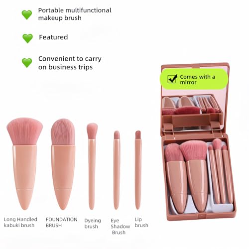 FANBODTA 5-Piece Professional Makeup Brush Set with Mirror and Travel Case, Pink