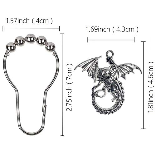 Silver Dragon Shower Curtain Hooks - Set of 12 Decorative Stainless Steel