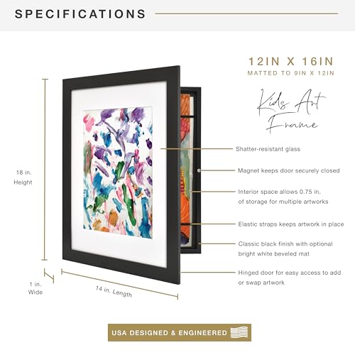 MCS Kids Art Frame 12x16 Matted with 9x12 Opening, Black Changeable Magnetic Picture Frame Kids Artwork Storage Display for Walls (1-Pack)