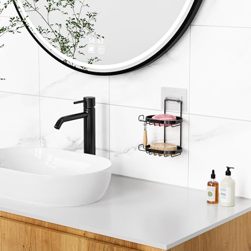 MASADI 2 Tier Black Soap Dish Holder with Hooks - Stainless Steel Shower Caddy
