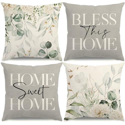KISVODS 18x18 Spring Eucalyptus Throw Pillow Covers - Farmhouse Set of 4