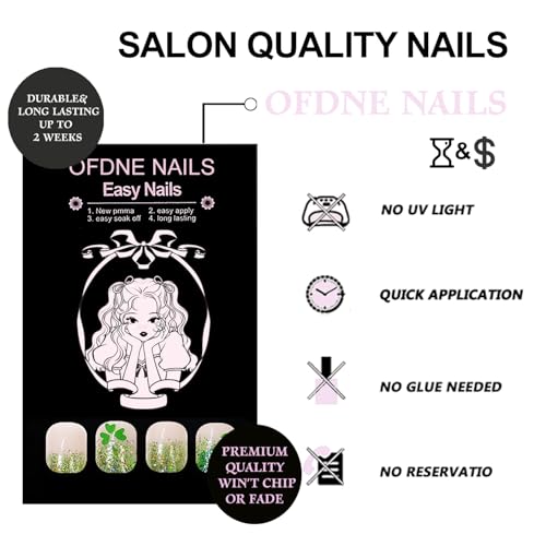 St. Patrick's Day Press on Nails Medium Square Green French Tip False Nails
