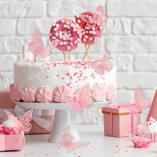 84PCS 3D Pink Butterfly Wall Decals, Metallic Paper Butterfly Decorations