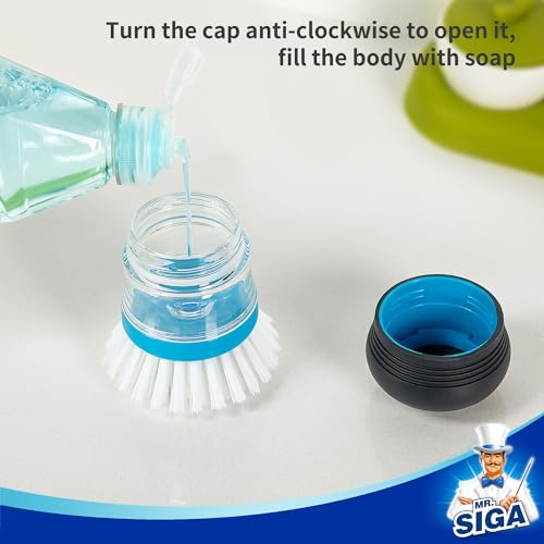 MR.SIGA Soap Dispensing Dish Brush - Refillable Non-Scratch Kitchen Scrubber, Navy/Blue