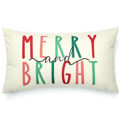 Merry Bright Christmas Pillow Cover 12x20 Holiday Decorative Throw Pillowcase
