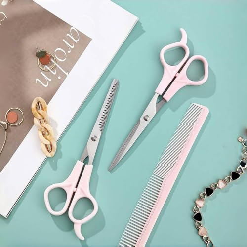 TIKMNO Pink Stainless Steel Hair Cutting Shears Set 6.7 Inch with Thinning Scissor and Comb
