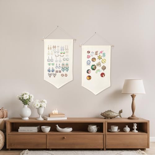 3 PCS Beige Canvas Banners Jewelry Organizer - Wall Hanging Brooch Display (30x53cm)