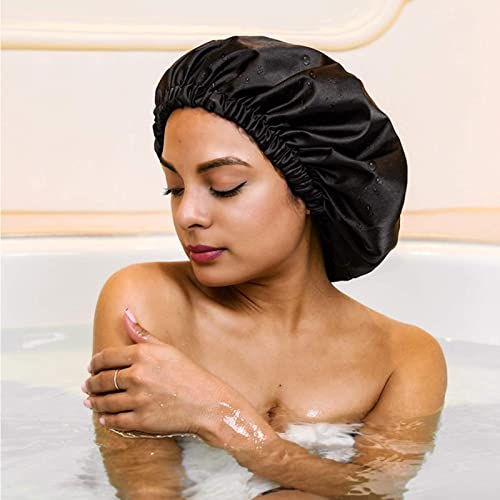 ZKLLGHE Reusable Waterproof Shower Cap for Women and Men Black Double Layer