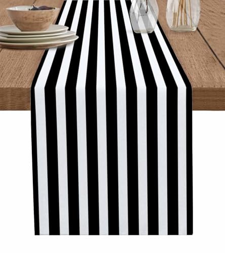 Black White Striped Table Runner 13x48 Inches for Dining & Holiday Decor - Farmhouse Style