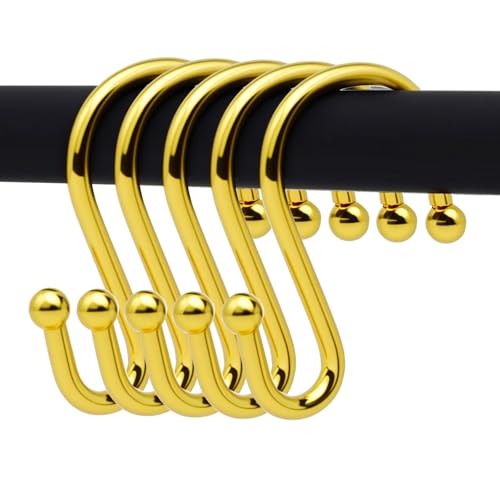 Gold S Shaped Shower Curtain Hooks - Rust Proof Set of 12