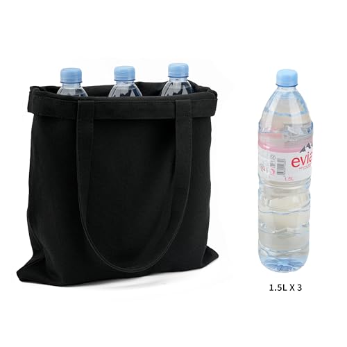 TOPASION Black Cotton Canvas Tote Bag - Lightweight Reusable Shopping Bag