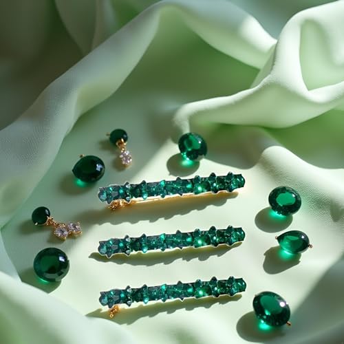 Green Rhinestone Hair Barrette Clips 3-Pack Alligator Hair Pins