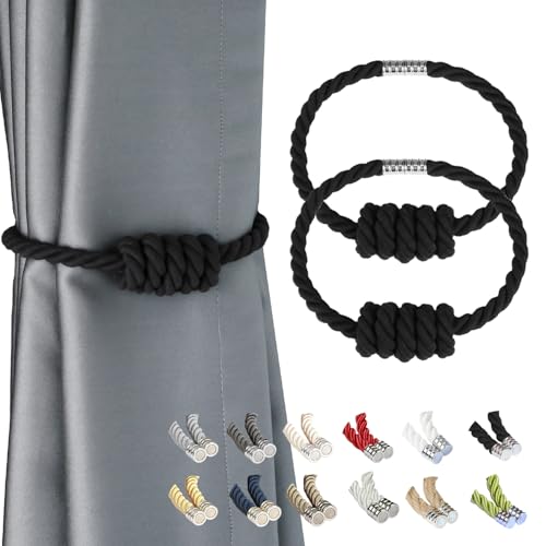 BEL AVENIR Magnetic Hand-Woven Curtain Tiebacks - 2 Pack, Black Cotton