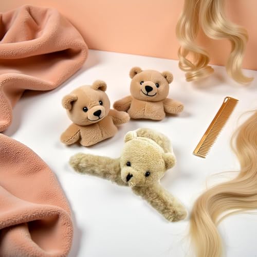ZLmoue Large Brown Fluffy Plush Bear Hair Claw Clip for Thick Hair