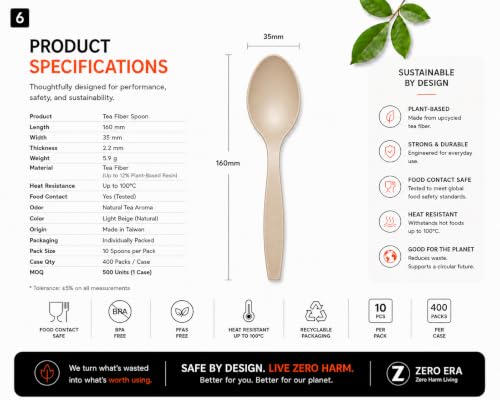 Zero Era Compostable Disposable Spoon, 10 Count - Eco-Friendly Tea Fiber Cutlery