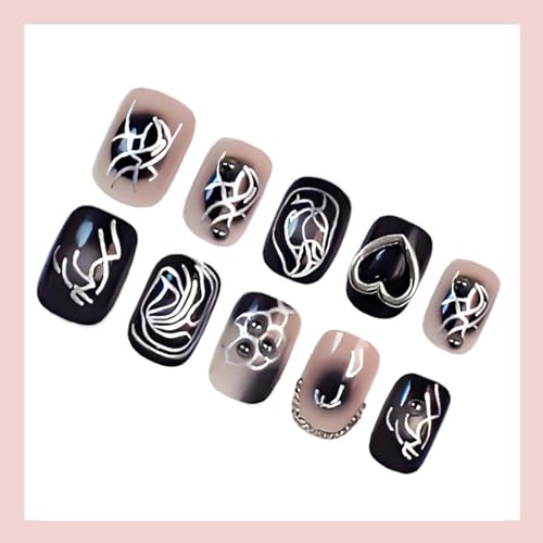 Black Gothic Press On Nails Short Square 3D Heart Chain Y2K