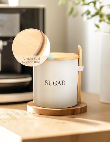 AISBUGUR Metal Sugar Bowl with Lid and Spoon, White, 15 oz Kitchen Canister