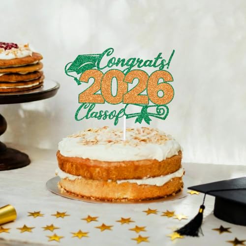 2026 Graduation Cake Topper - Green & Orange Glitter Decor