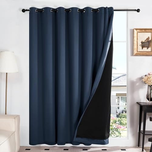 Deconovo 100% Blackout Curtains with Black Liner, Thermal Insulated Noise?Reducing Grommet Drapes, Double?Layer Room Darkening for Bedroom, Nursery, Home Office,1 Panels,Navy,100W x 108L