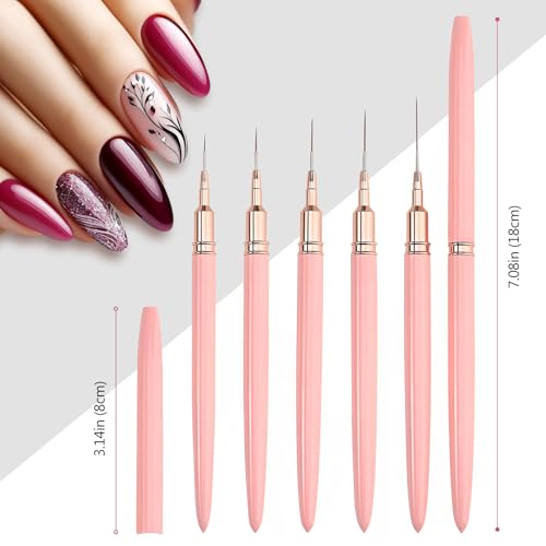 Kootinn 5 Pcs Pink Nail Art Liner Brushes Set - Fine Detail Painting Tools
