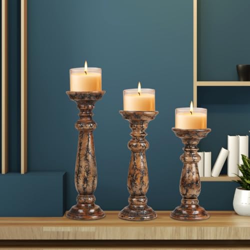 Natural Wooden Candle Holder Set of 3 - Tall Graduated Pillar Stands with Rustic Finish - 10, 12, 14 Inches