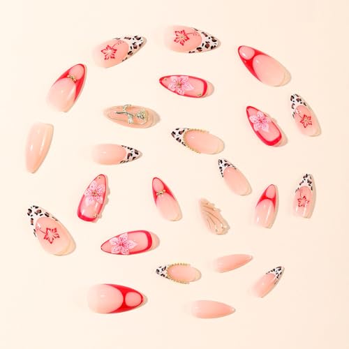 Pink Press on Nails Medium False Nails with 3D Gold Roses and Leopard