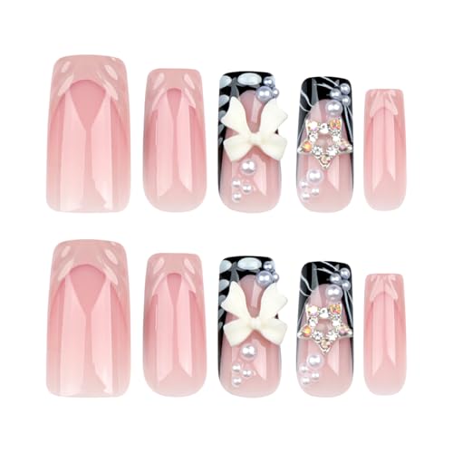 Pink Butterfly Coffin Press on Nails with Pearls and Diamond Stars