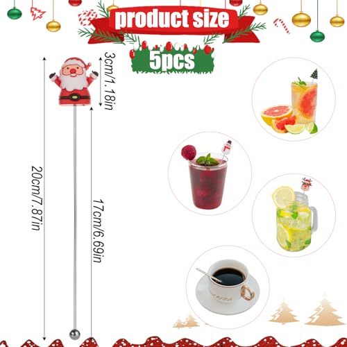 5pcs Stainless Steel Christmas Cocktail Stirrers with Silicone Holiday Patterns