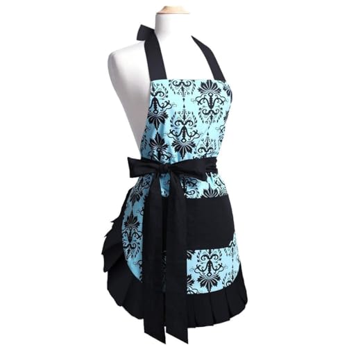 G2PLUS Vintage Cotton Apron for Women - Blue & Black Ruffle Kitchen & Baking Apron with Big Pocket - Adjustable Neck, Holiday Gift