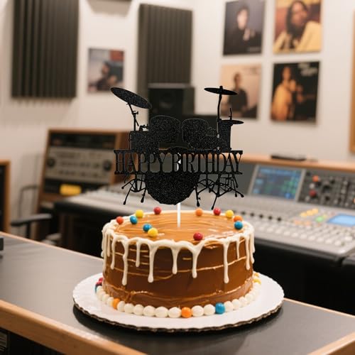 Music Theme Birthday Cake Topper - Black Glitter Drum Decoration