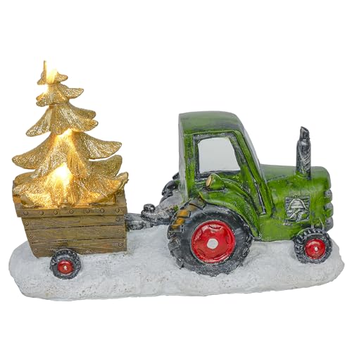 Alpine Corporation Holiday Green Tractor Pulling Tree Statue with LED Lights