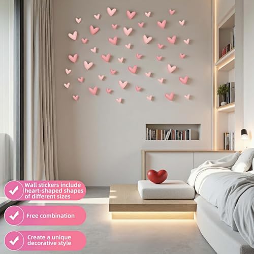 60 Pcs Pink Heart Wall Decals - Repositionable PVC Stickers for Girls' Rooms