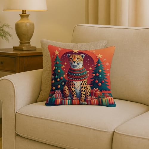 Cheetah Christmas Fabric Decorative Pillow - 18x18 Inches, Machine Washable, Indoor Outdoor Cushion with Variation Cheetah 1176