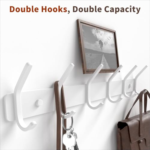 15-Inch Wall Mounted Coat Rack with 6 Hooks, White Metal Entryway Hanger
